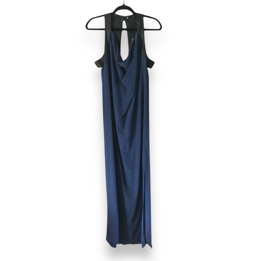 Krisa Blue Silk Draped Cutout Maxi Dress Faux Leather Accent NWT Size XS
